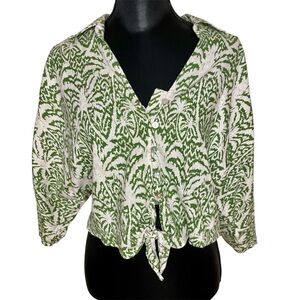 Panama Jack Shirt Linen Blend Cropped Button Front Tie Hem Green White Small